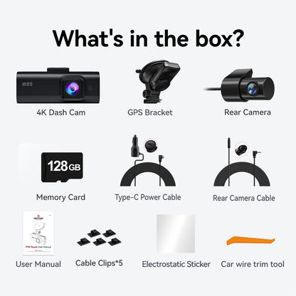 Touch Screen Dash Cam Front and Rear, 4K Dash Camera with STARVIS 2 Sensor, Free 128GB Card, Car Camera with Wifi GPS, Voice Control, Wdr,5.8Ghz Wifi, 24H Parking Mode, Night Vision